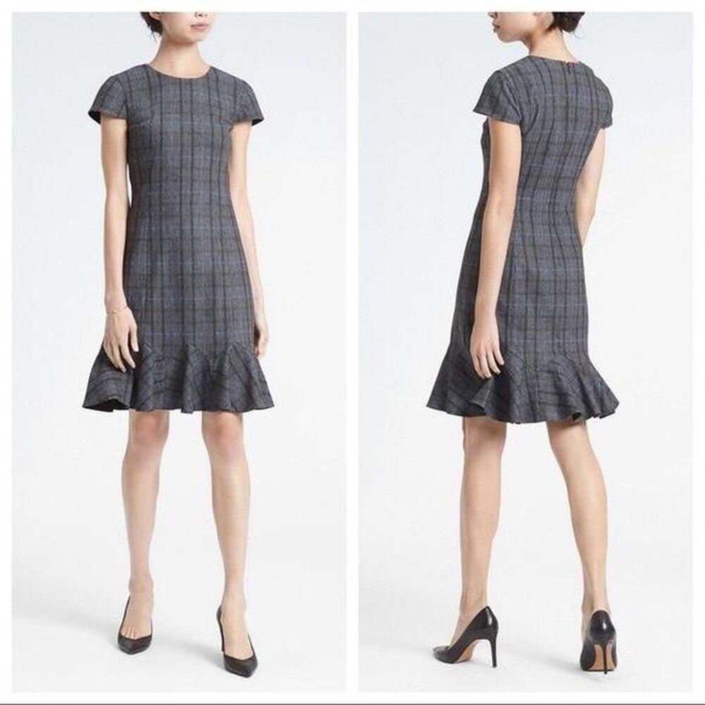 Banana Republic Wool blend gray blue plaid dress, size 12 Office Siren Preppy